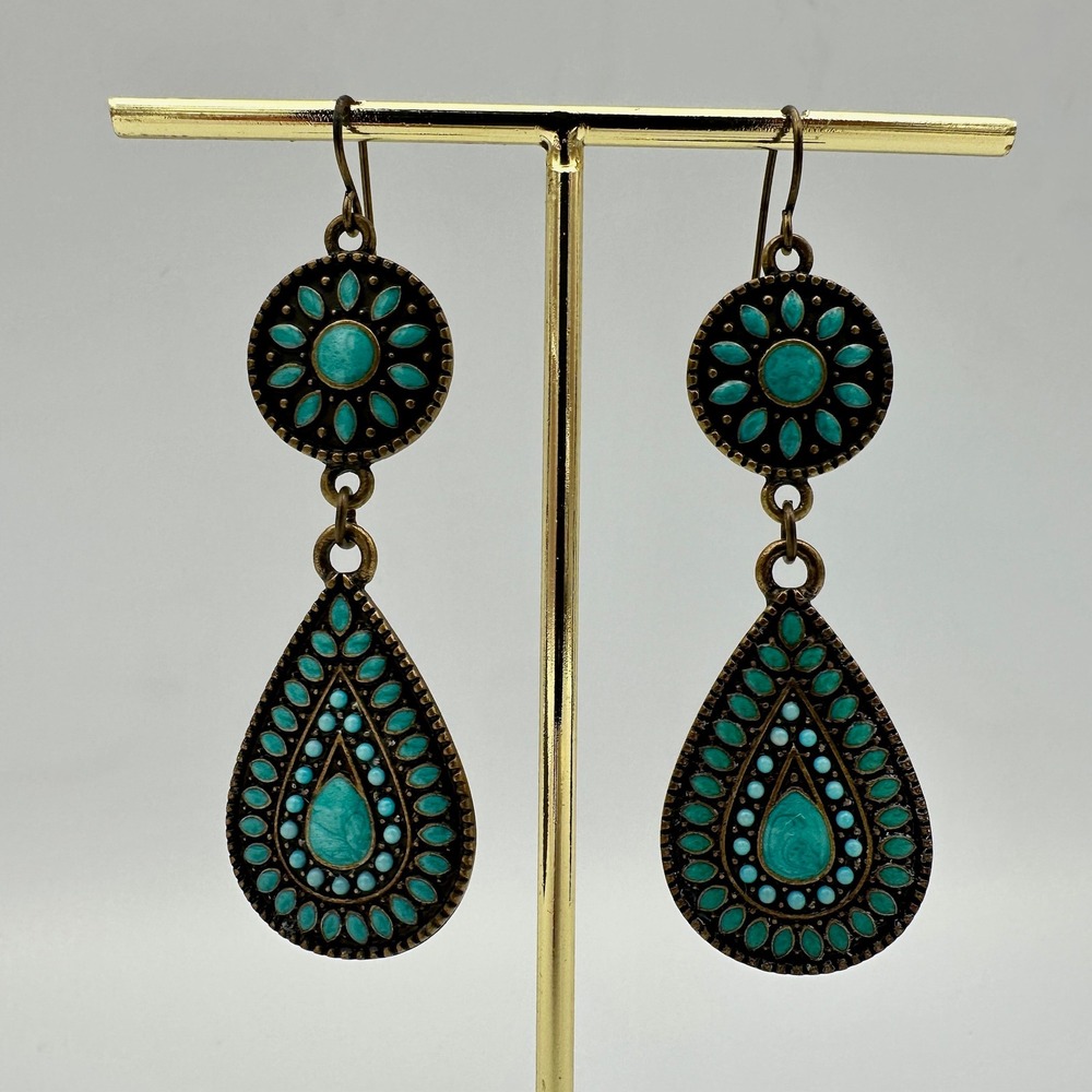 Boho Turquoise Bronze Teardrop Chandelier Dangle Earrings Southwestern Tribal